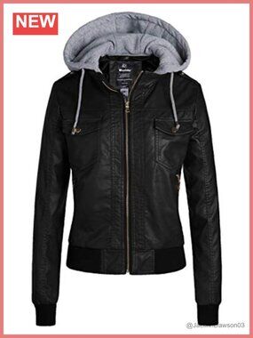 Faux Leather Jacket for Women PU Moto Biker Bomber Motorcycle Coat Hooded